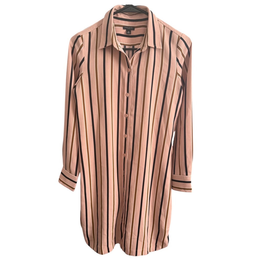 Ann Taylor Petite Pink Striped Button Front Long Sleeve Shirt Dress SP‎ Womens